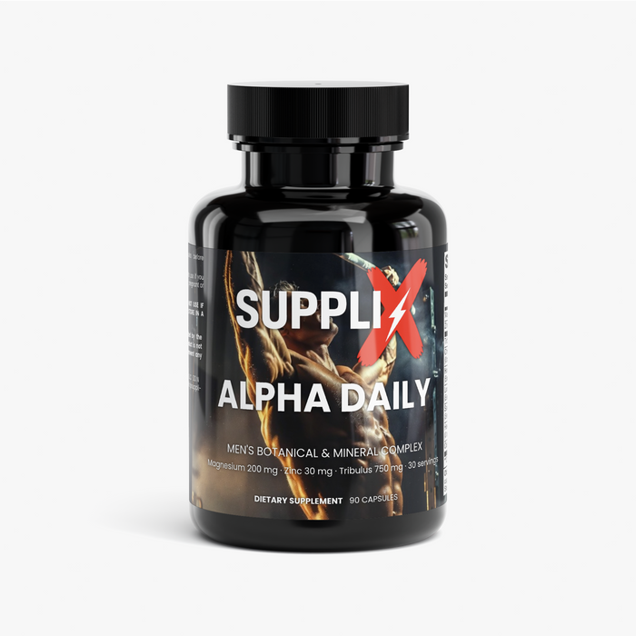 SUPPLI-X Alpha Daily men's botanical and mineral complex with magnesium, zinc and 750 mg Tribulus, 90 vegetable capsules, bottle front view
