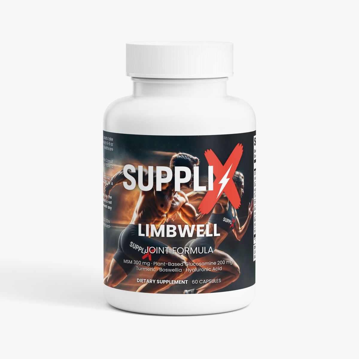 SUPPLI-X Limbwell Joint Formula bottle, 60 capsules – front label with MSM, plant-based glucosamine, turmeric and Boswellia
