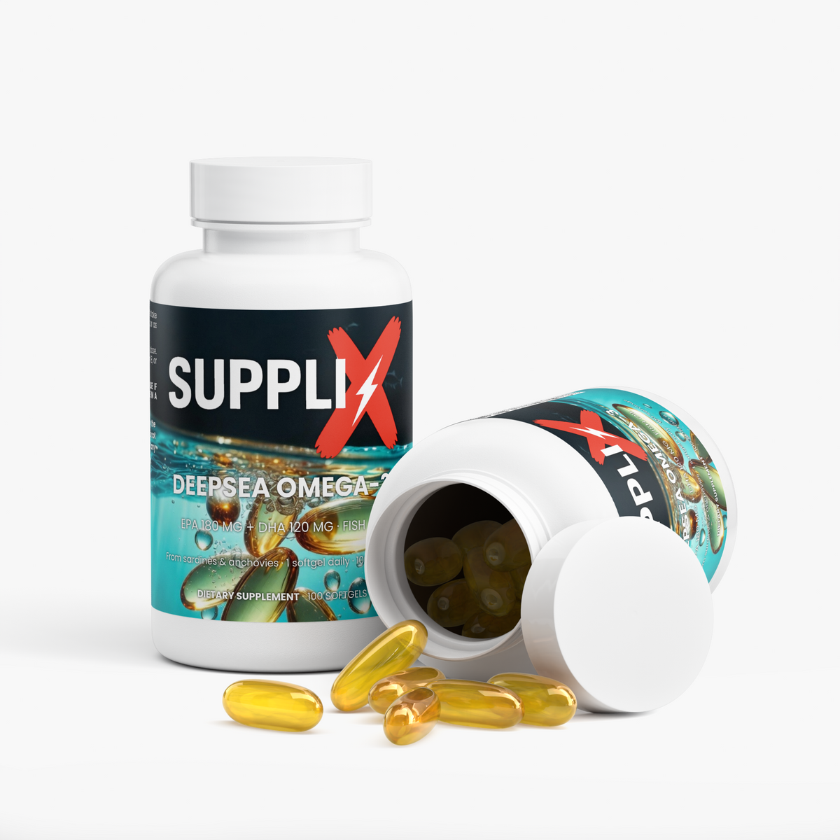SUPPLI-X DeepSea Omega-3 – bottle with golden fish-oil softgels