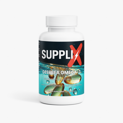 SUPPLI-X DeepSea Omega-3 bottle, 100 softgels – front label with EPA 180 mg and DHA 120 mg fish oil