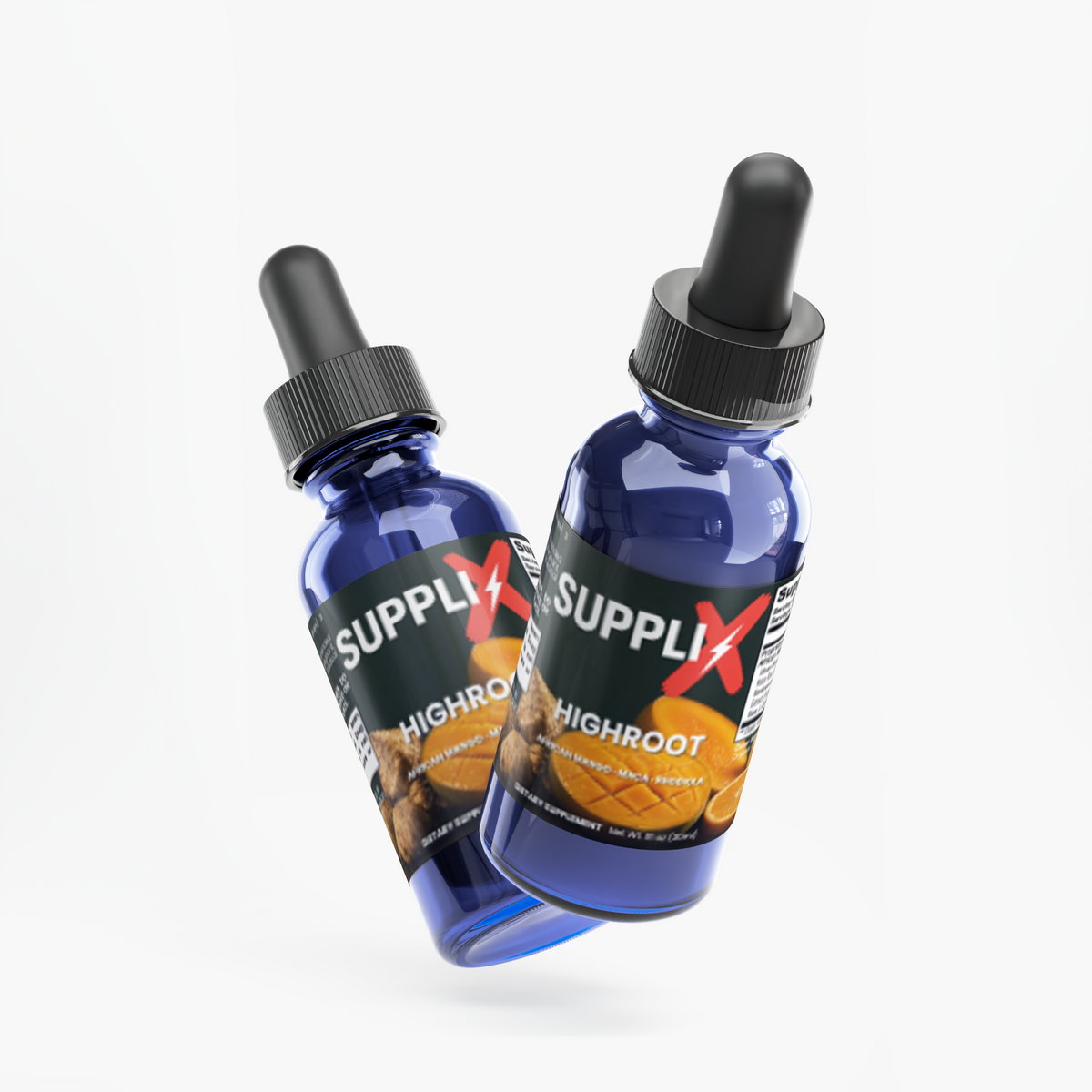SUPPLI-X Highroot Drops – African Mango, Maca & Rhodiola drops – front and back label