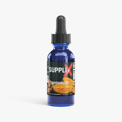 SUPPLI-X Highroot Drops 1 fl oz – African Mango, Maca & Rhodiola liquid botanical complex – front of bottle