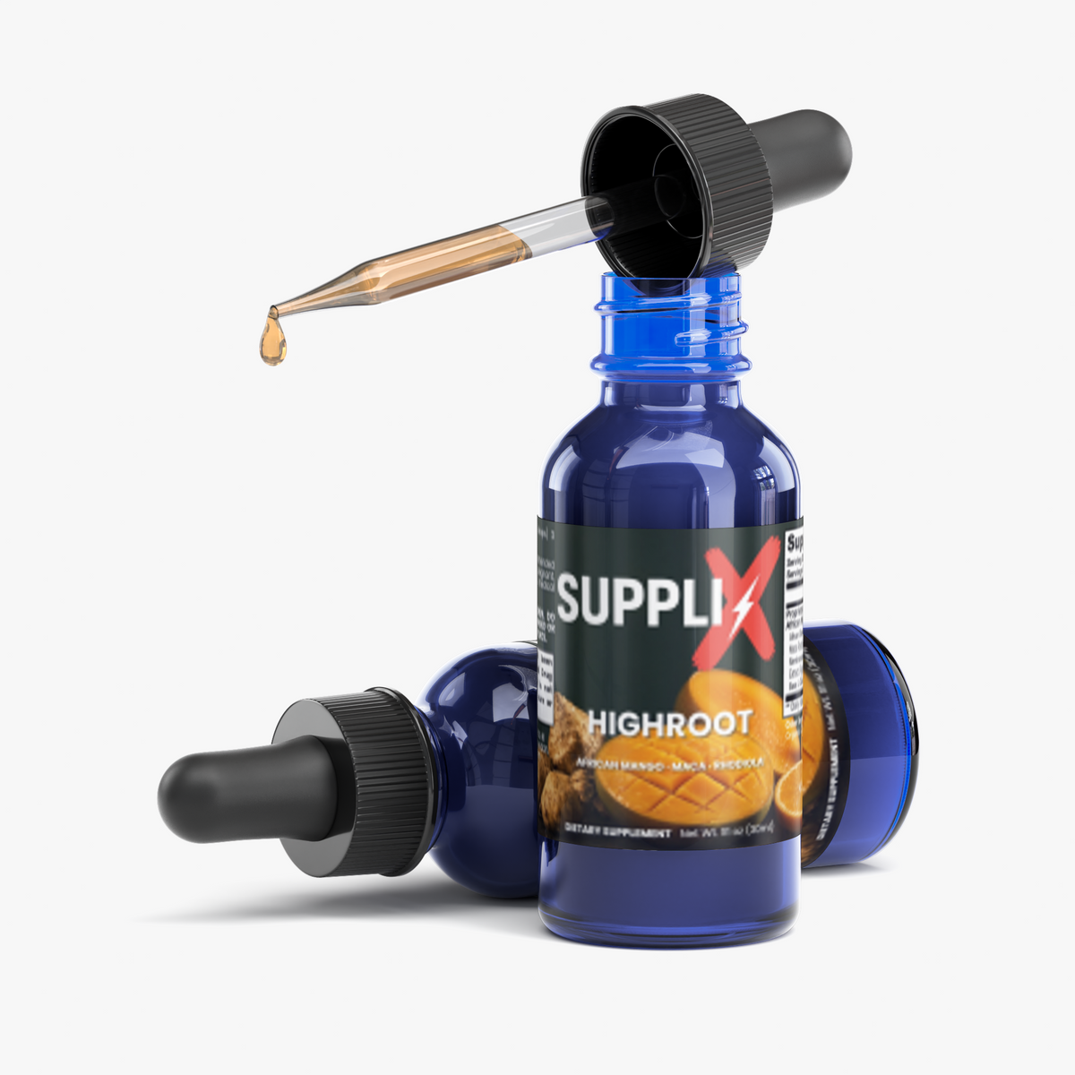 SUPPLI-X Highroot Drops 30 ml – African Mango, Maca & Rhodiola – bottle and dropper