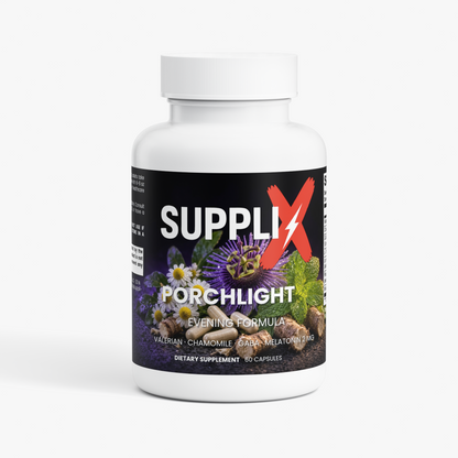 SUPPLI-X Porchlight Evening Formula 60 capsules – valerian, chamomile, GABA & melatonin 2 mg – front of bottle