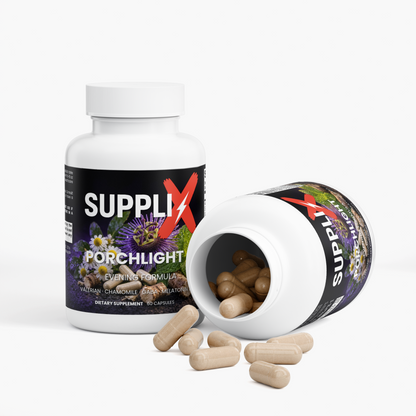 SUPPLI-X Porchlight Evening Formula – open bottle with evening capsules