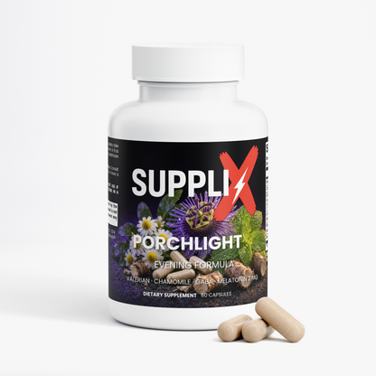 SUPPLI-X Porchlight Evening Formula bottle with capsules – valerian, chamomile, lemon balm & passion flower