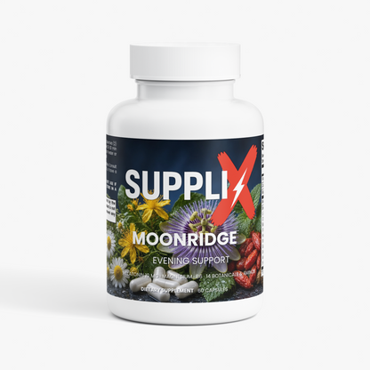 SUPPLI-X Moonridge Evening Support 60 vegetable capsules – melatonin 10 mg, magnesium, B6 & botanical blend – front of bottle