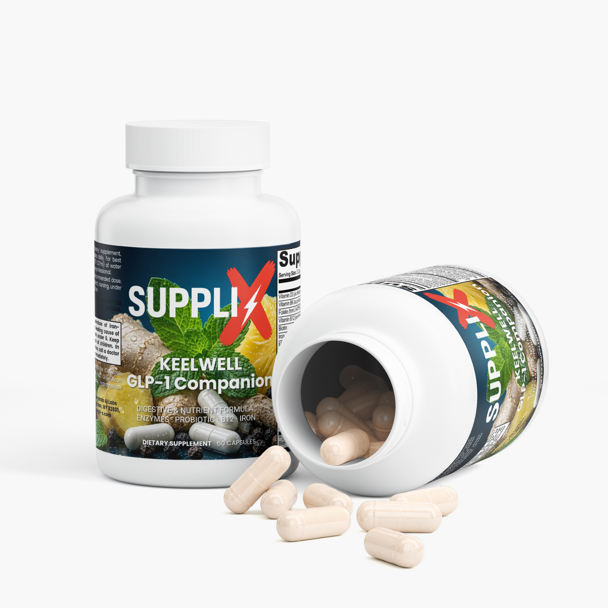 SUPPLI-X Keelwell GLP-1 Companion – open bottle with vegetable capsules