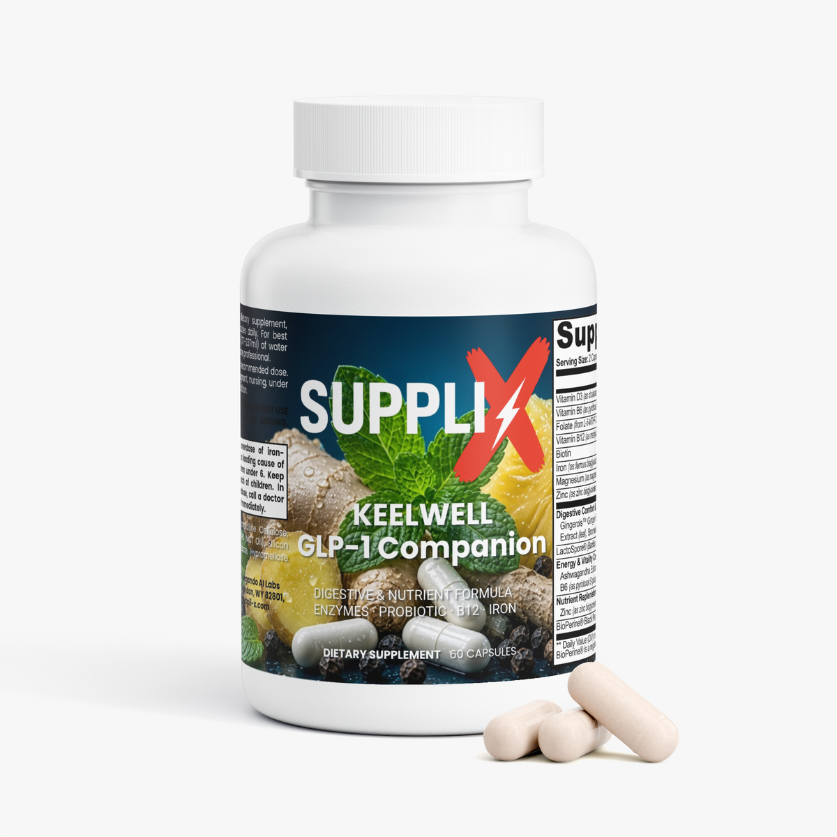 SUPPLI-X Keelwell GLP-1 Companion bottle with capsules – enzymes, LactoSpore probiotic & methylated B12