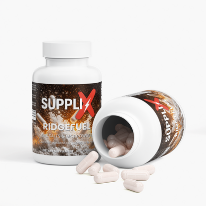 SUPPLI-X Ridgefuel BHB capsules next to the open bottle