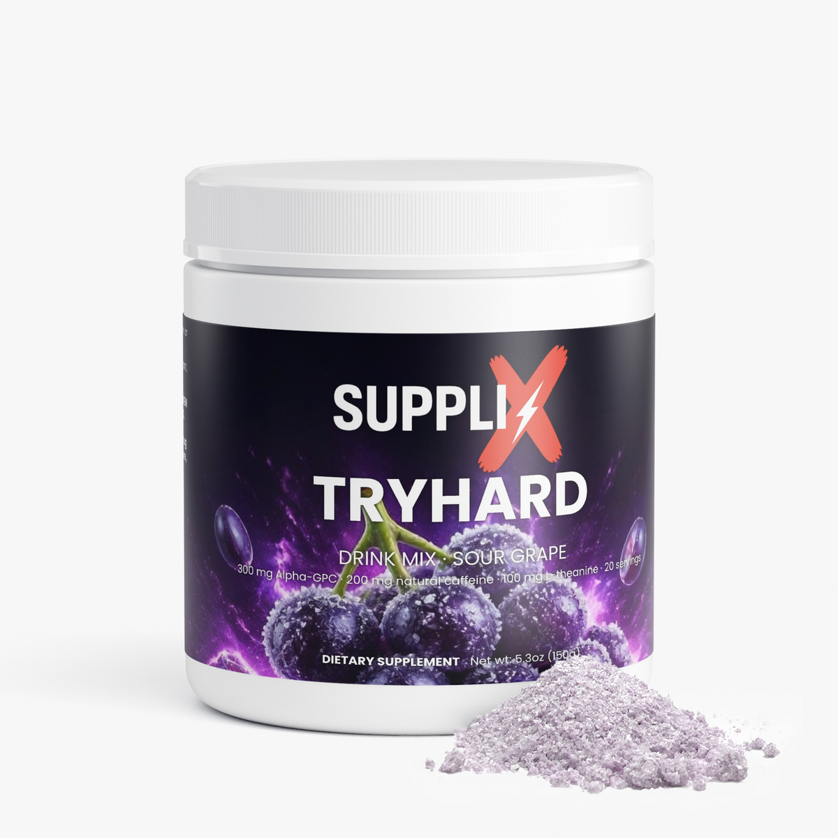 SUPPLI-X Tryhard Drink Mix Sour Grape tub with a pile of purple powder