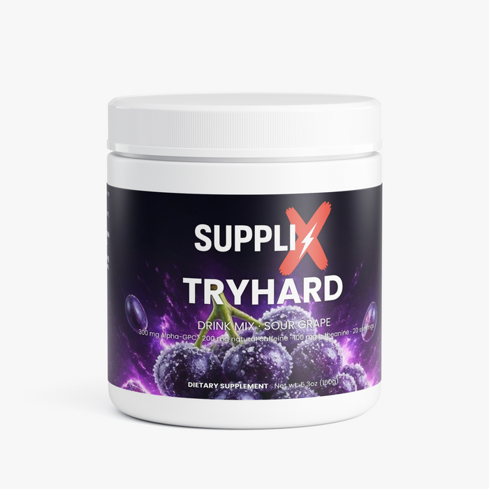SUPPLI-X Tryhard Drink Mix Sour Grape, 150 g tub with purple grape label – front view