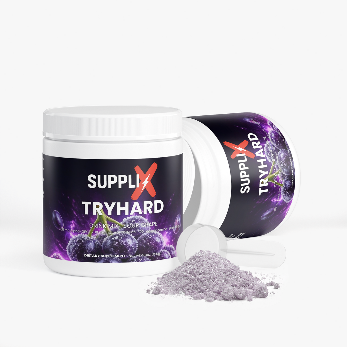 SUPPLI-X Tryhard Drink Mix Sour Grape tub with open lid, scoop and purple powder