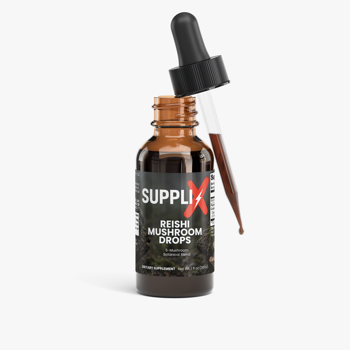 SUPPLI-X Reishi Mushroom Drops bottle with the dropper lifted out