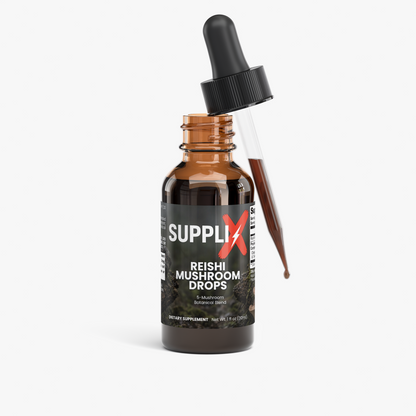SUPPLI-X Reishi Mushroom Drops bottle with the dropper lifted out