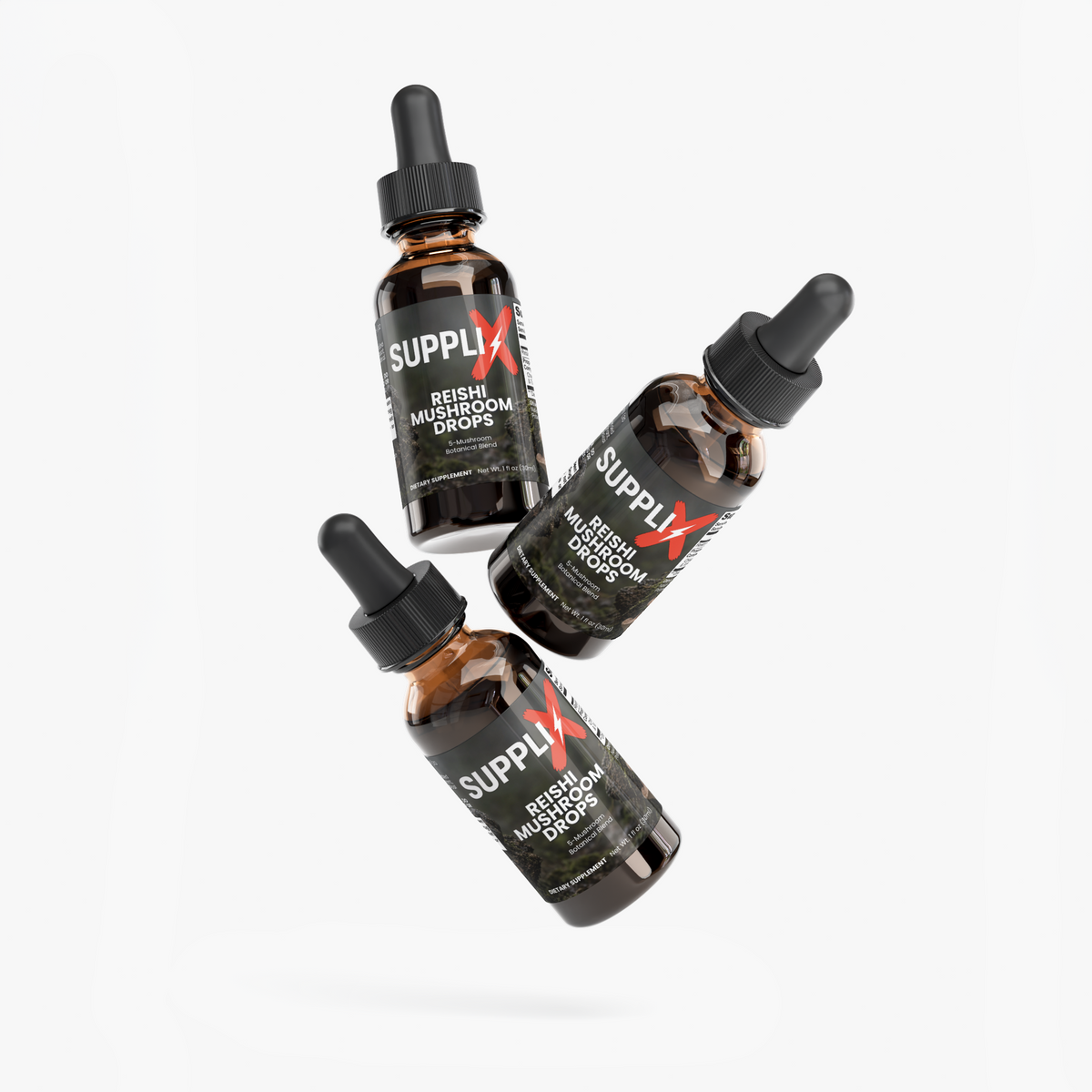 Three SUPPLI-X Reishi Mushroom Drops dropper bottles floating