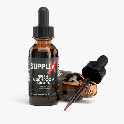 SUPPLI-X Reishi Mushroom Drops, one bottle standing and one lying with dropper