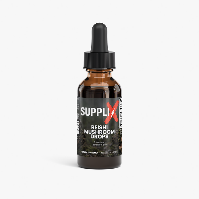 SUPPLI-X Reishi Mushroom Drops, 1 fl oz amber dropper bottle, front view