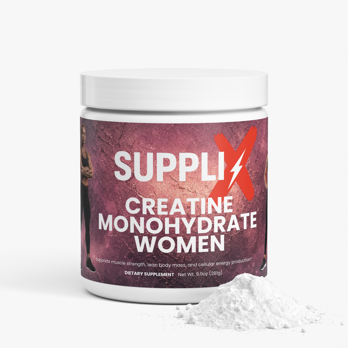 SUPPLI-X Creatine Monohydrate for Women tub side view, unflavored creatine monohydrate powder