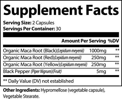 SUPPLI-X Maca Plus | Organic Tri-Color Maca Root 1500mg | Black Red Yellow | 60 Capsules