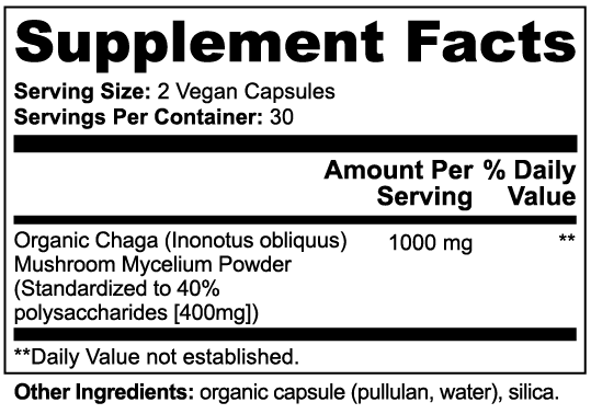 SUPPLI-X Chaga Mushroom | Organic 40% Polysaccharides | 60 Vegan Capsules