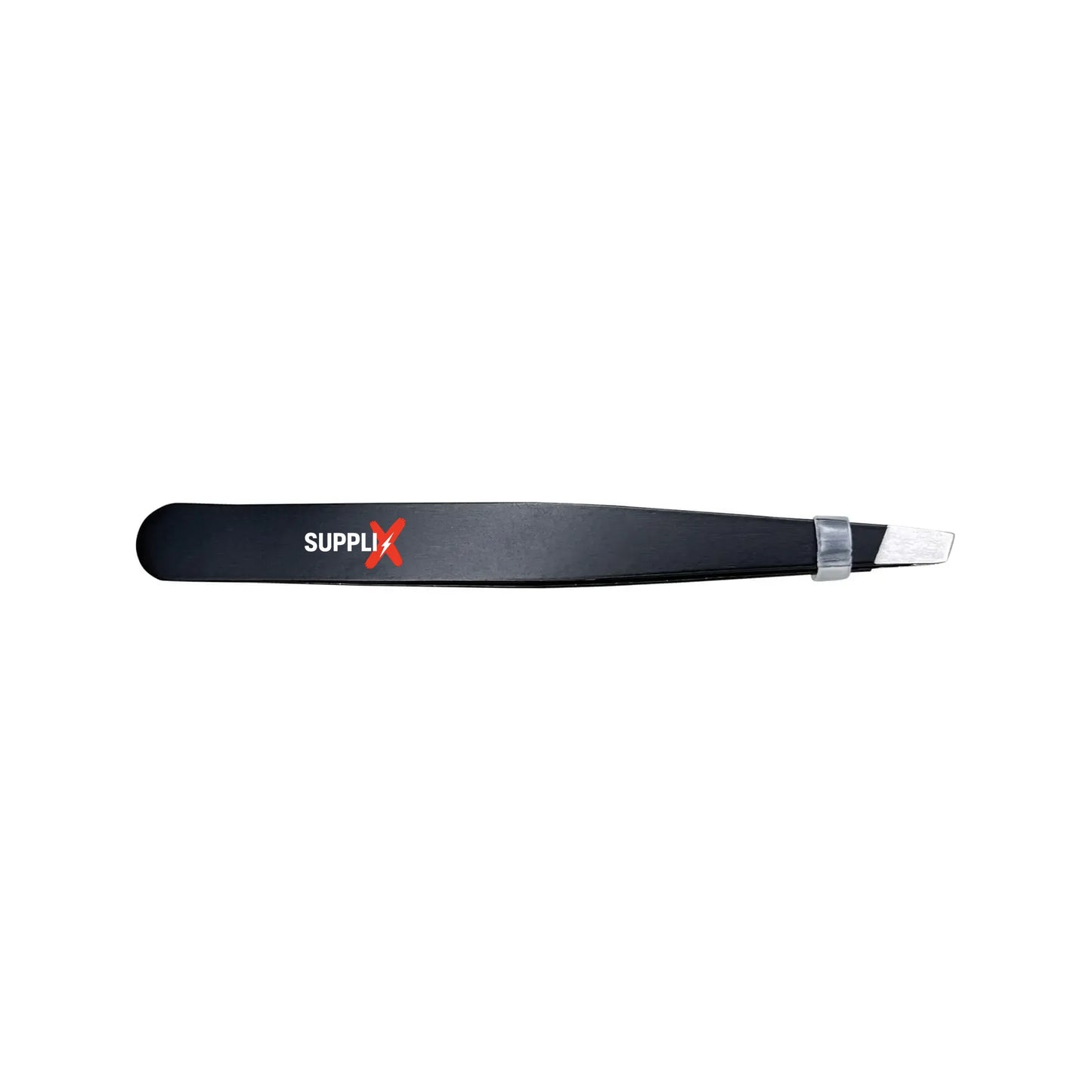 Close-up of SUPPLI-X Precision Tweezers in stainless steel, slanted tips plucking ingrown brow hair with ease, perfect for Ge