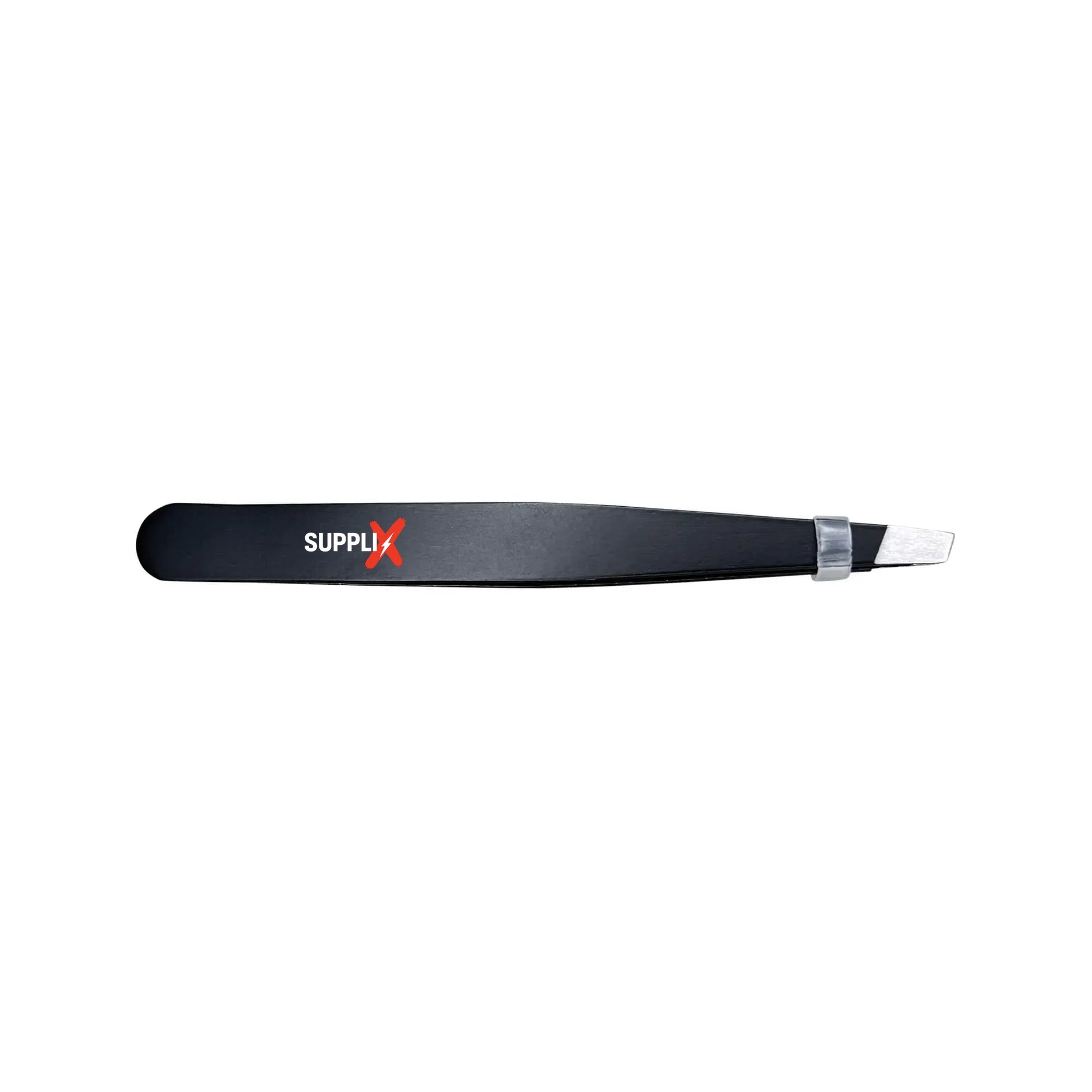 Close-up of SUPPLI-X Precision Tweezers in stainless steel, slanted tips plucking ingrown brow hair with ease, perfect for Ge