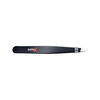 Close-up of SUPPLI-X Precision Tweezers in stainless steel, slanted tips plucking ingrown brow hair with ease, perfect for Ge