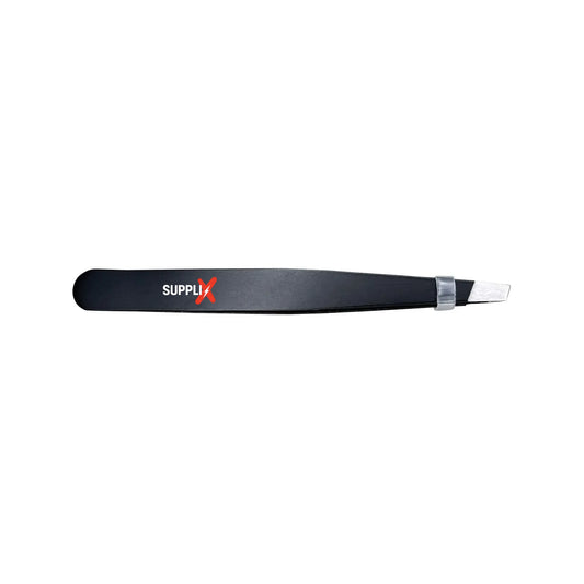 Close-up of SUPPLI-X Precision Tweezers in stainless steel, slanted tips plucking ingrown brow hair with ease, perfect for Ge