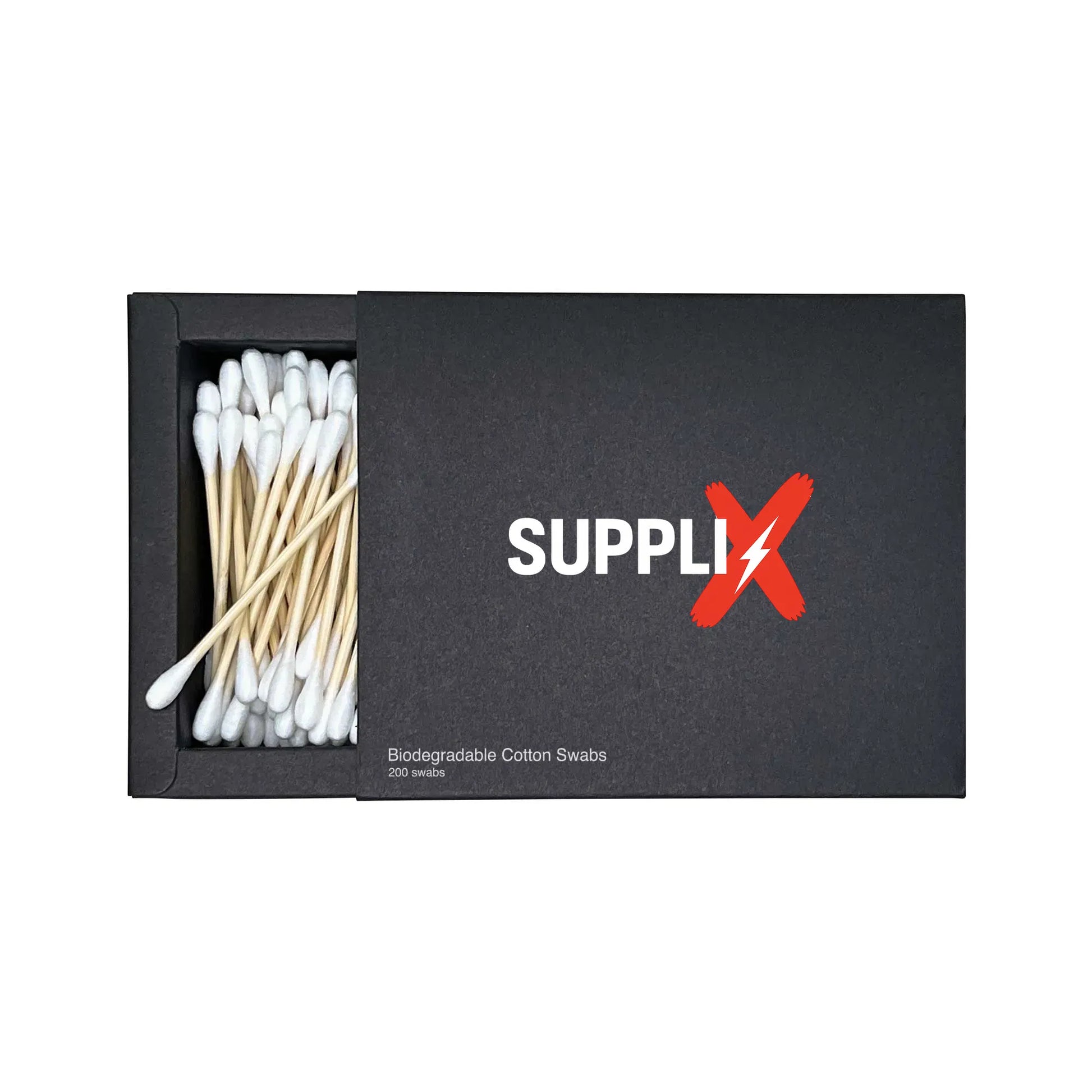 Close-up of eco-friendly SUPPLI-X biodegradable cotton swabs in recyclable box, featuring 200 pure cotton tips on bamboo stem