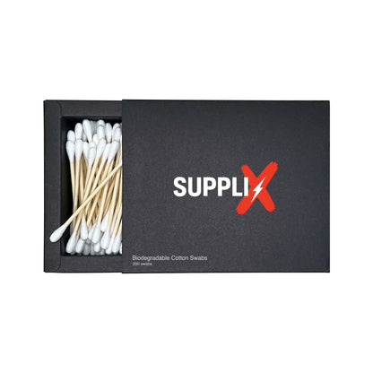 Close-up of eco-friendly SUPPLI-X biodegradable cotton swabs in recyclable box, featuring 200 pure cotton tips on bamboo stem