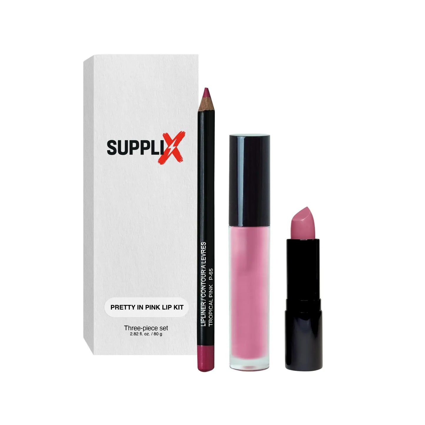 Vibrant pink lip kit set including hydrating lip liner, creamy pink lipstick, and high-shine gloss with omega-3 rich Camelina
