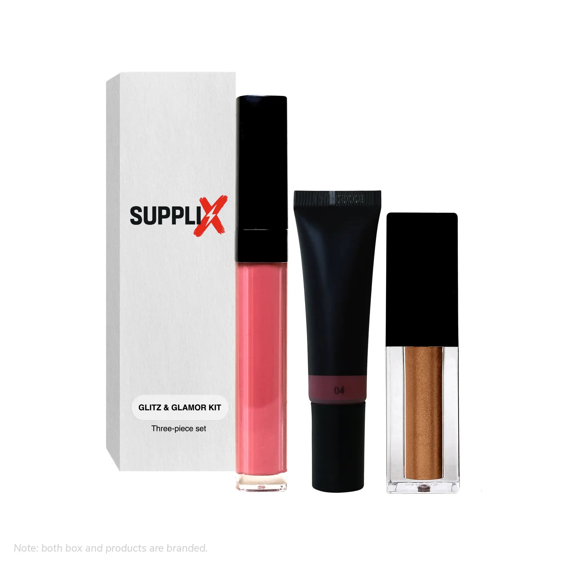 Vibrant image of SUPPLI-X Glitz & Glamor Set showcasing full-size vegan lip oil in Party Girl shade, rosy liquid blush in Clo