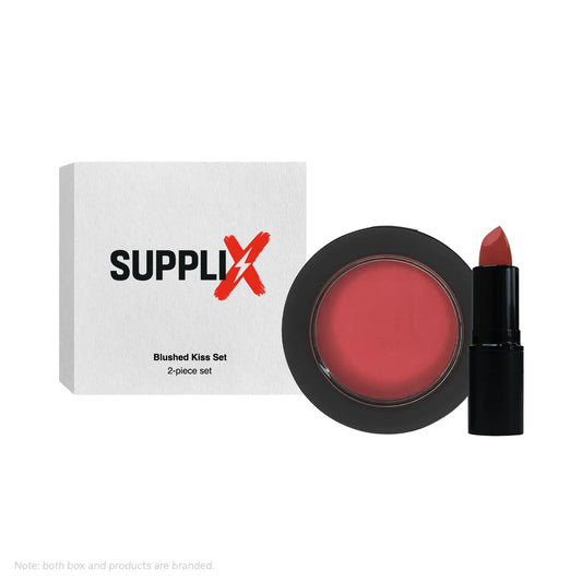 Compact SUPPLI-X Blushed Kiss Set featuring creamy mauve lipstick and powdery guava blush in recyclable packaging, ideal for 
