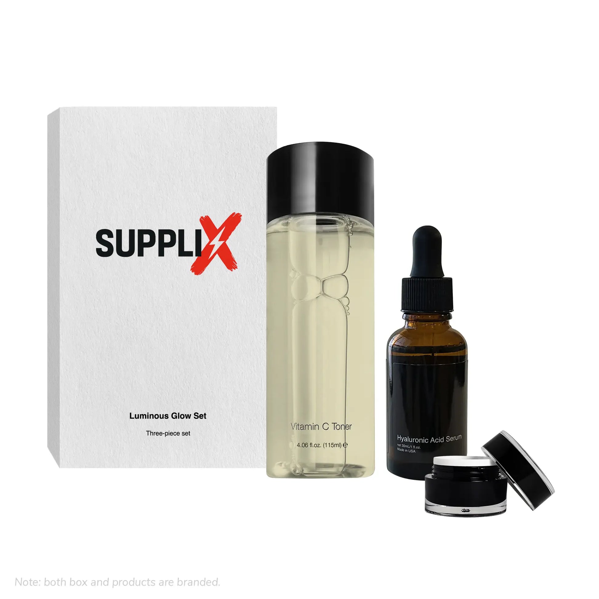 Vibrant display of SUPPLI-X Luminous Glow Essentials Set featuring hyaluronic acid serum for deep hydration, vitamin C toner 
