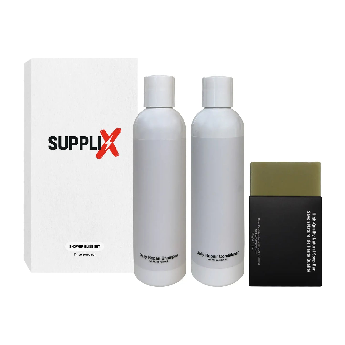 Premium SUPPLI-X Shower Bliss Set image showing 8oz Daily Repair Shampoo, 8oz Conditioner, and 4.2oz Green Tea Lemongrass Soa