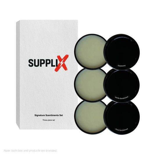 Elegant SUPPLI-X Signature Scentiments Set of three solid fragrances in sleek tins: Speakeasy, Vanilla Sandalwood, Rose Sanda