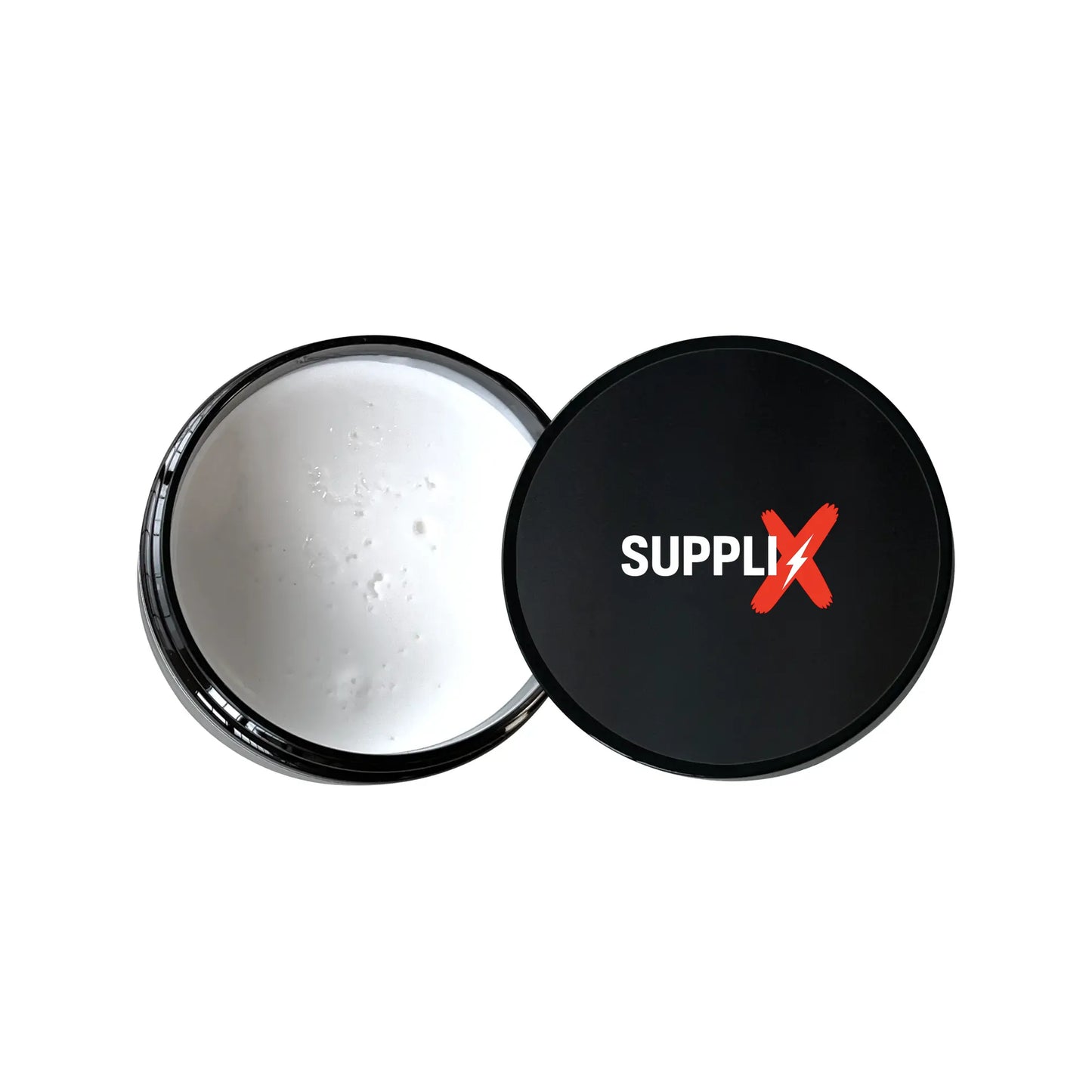 Open jar of SUPPLI-X Matte Hair Clay showing creamy texture infused with grapeseed and hempseed oils, providing medium hold f