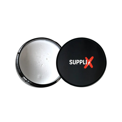 Open jar of SUPPLI-X Matte Hair Clay showing creamy texture infused with grapeseed and hempseed oils, providing medium hold f