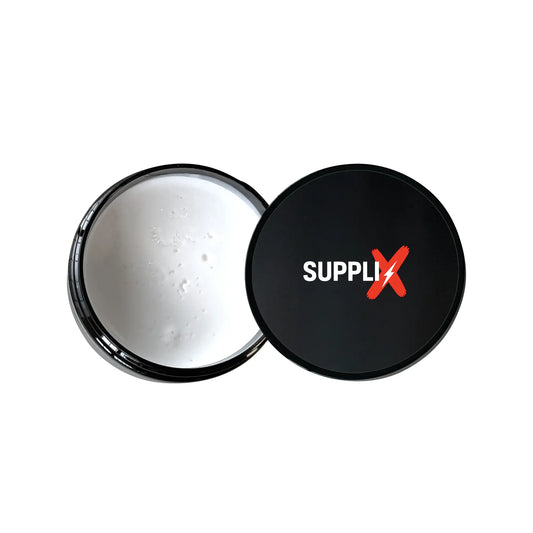 Open jar of SUPPLI-X Matte Hair Clay showing creamy texture infused with grapeseed and hempseed oils, providing medium hold f