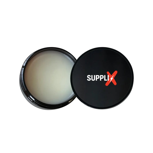Close-up of SUPPLI-X Styling Wax jar with glossy, medium-hold formula applied on diverse hair types, showcasing spreadable te