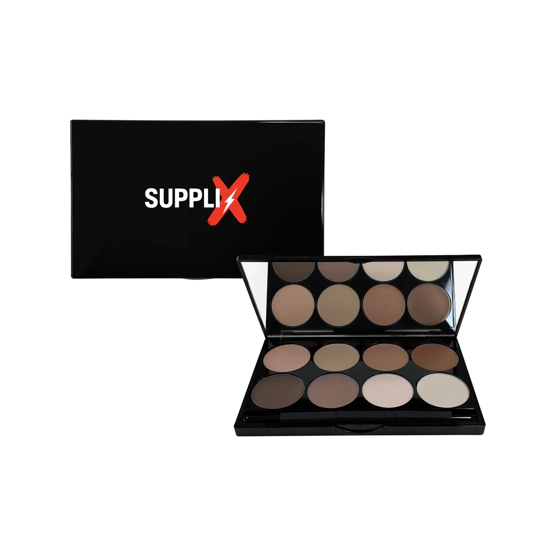 Close-up of SUPPLI-X Ultimate Contour Kit open palette showing 8 matte and cream shades in sun-kissed peach tones, with build