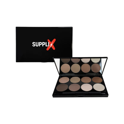 Close-up of SUPPLI-X Ultimate Contour Kit open palette showing 8 matte and cream shades in sun-kissed peach tones, with build