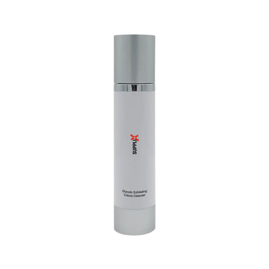 Clear bottle of SUPPLI-X Glycolic Exfoliating Cleanser featuring glycolic acid for gentle exfoliation, infused with soothing 