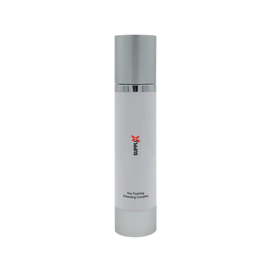 Luxurious foaming soy cleansing complex bottle from SUPPLI-X, featuring hydrolyzed soy protein for deep hydration, lavender o