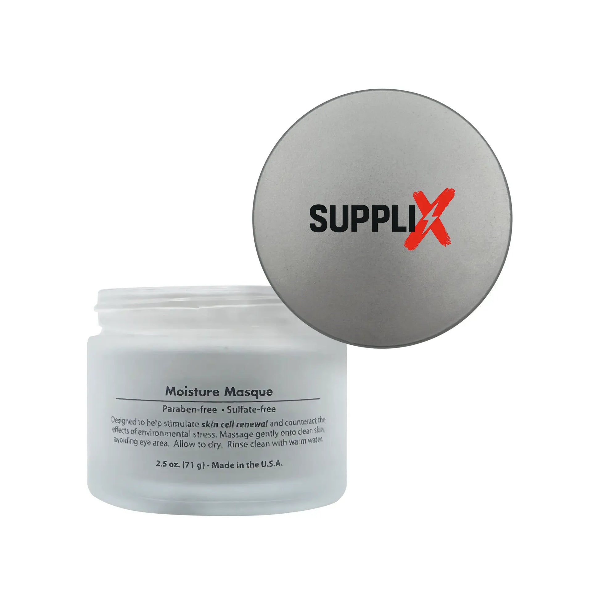 Luxurious jar of SUPPLI-X Intensive Moisture Cooling Masque featuring kaolin clay, zinc oxide, and calming eucalyptus oils fo