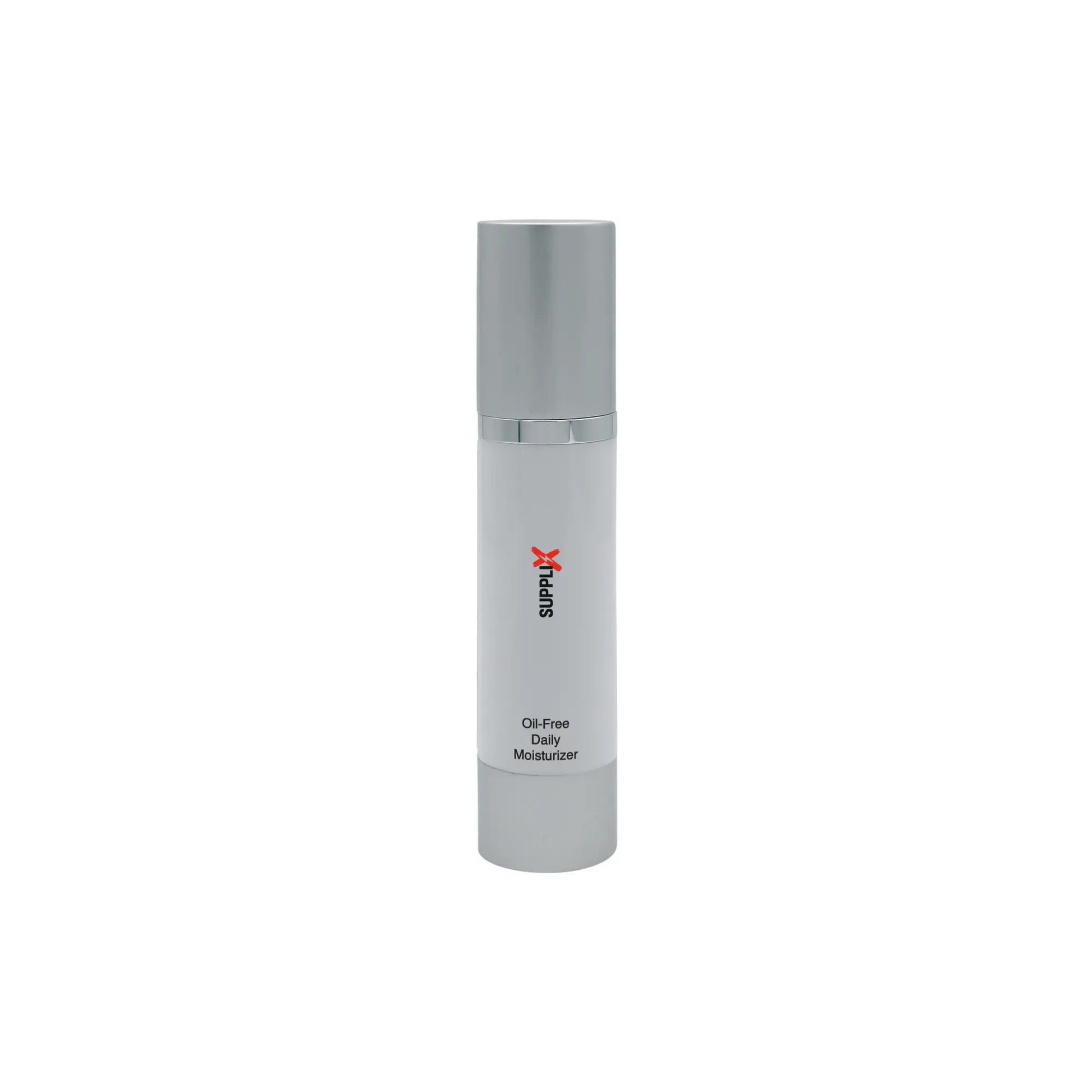 Clear bottle of SUPPLI-X Oil-Free Daily Moisturizer with lightweight, hydrating gel formula enriched in Panthenol and Vitamin