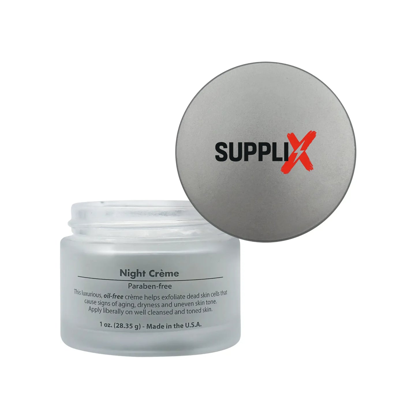 Luxurious white jar of SUPPLI-X Night Renewal Creme on a bedside table, radiating golden glow with visible glycolic acid exfo