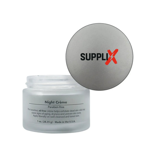 Luxurious white jar of SUPPLI-X Night Renewal Creme on a bedside table, radiating golden glow with visible glycolic acid exfo