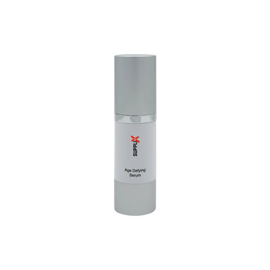 Clear glass bottle of SUPPLI-X Age Defying Serum featuring squalane and hydrolyzed soy protein for deep hydration and wrinkle